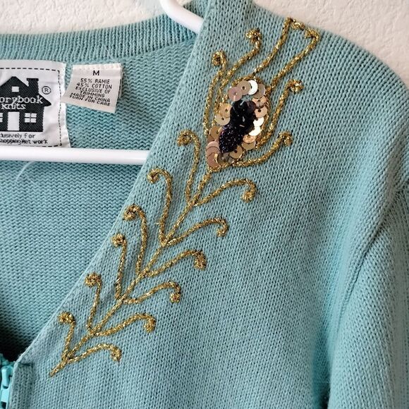 Blue Vintage Storybook Knits Sequined Embroidery Peacock Cardigan Sweater Sz M - Picture 3 of 7